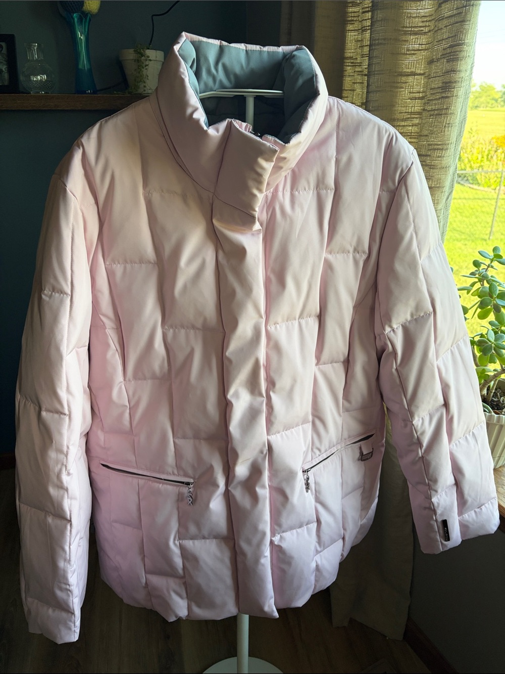 ZeroXposur Womens L/XL Down& Feather Ski Jacket Pink Grey Reversible w/ Hood
